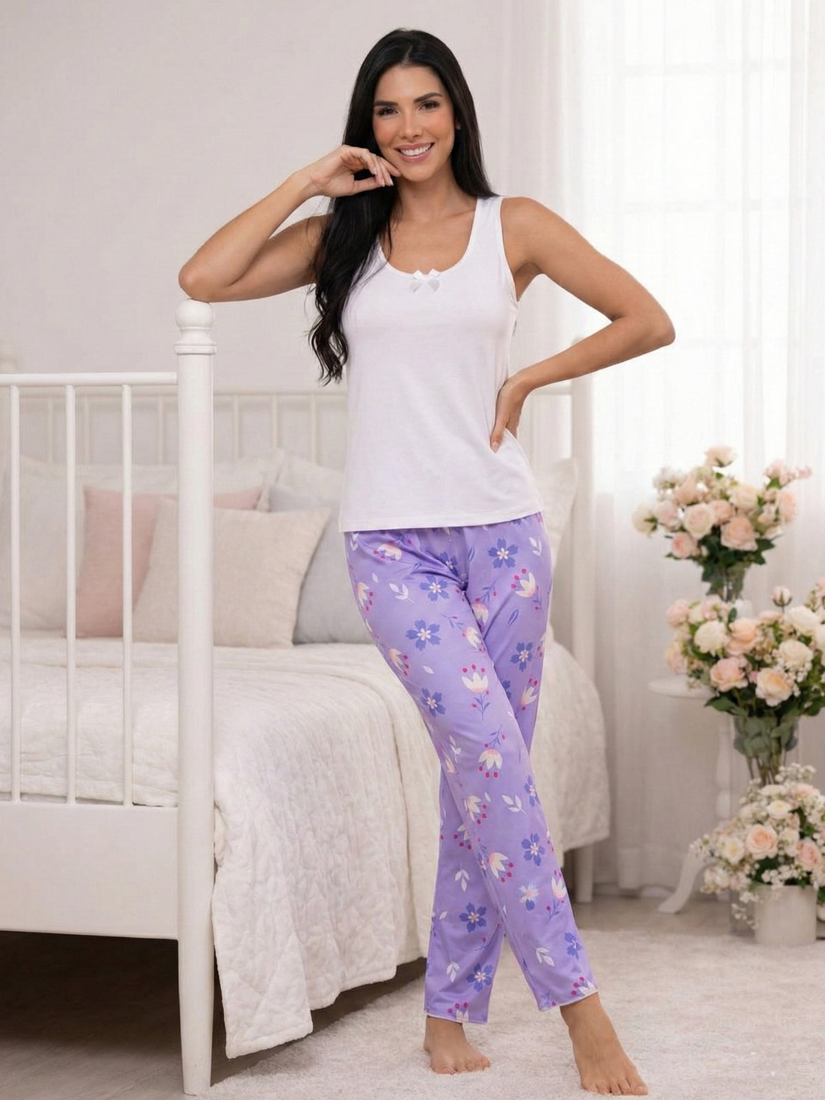 Pijama Mujer Pantalón Largo y Blusa Sisa, Flores.